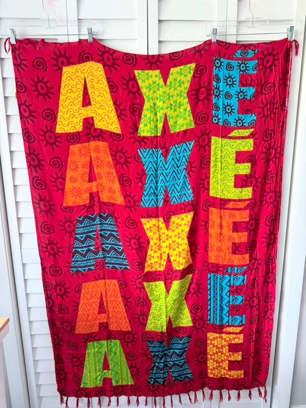 Bali Blue Beach Sarong Wrap Red Tropical "Axe Axé" Print 43x61 One Size